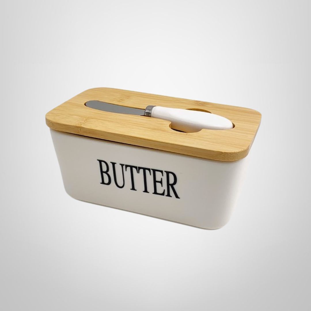 Mantequera c/Tapa de Bambú y Untador de Acero Inoxidable c/Mango Plástico "BUTTER" 17x10x7,5cm