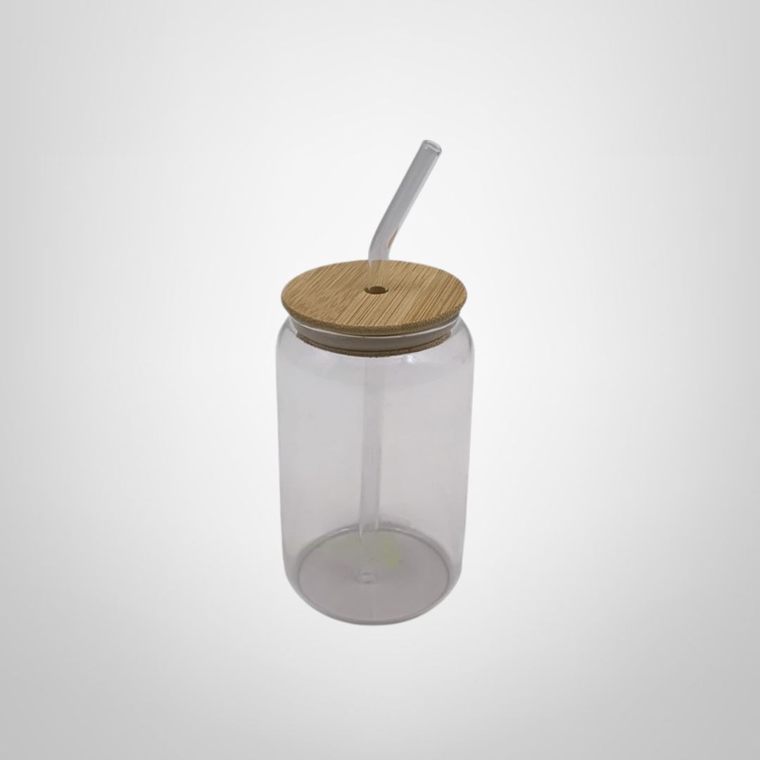 Vaso de Vidrio c/Tapa de Bambú y Sorbito 400ml