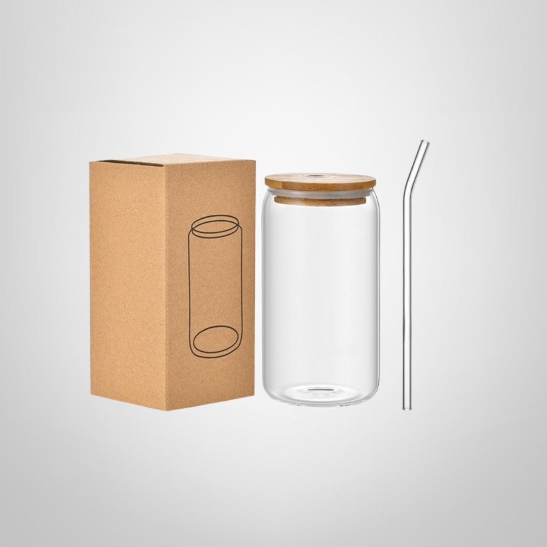 Vaso de Vidrio c/Tapa de Bambú y Sorbito 500ml