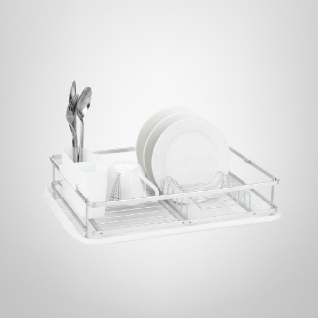 Escurridor de Aluminio c/Bandeja y Porta Cubiertos de Plástico Blanco 47x32x13cm