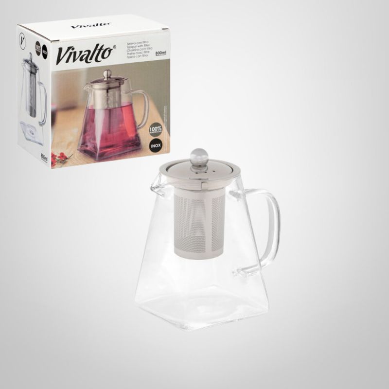 Tetera de Vidrio Templado c/Infusor y Tapa de Acero Inoxdiable 800ml VIVALTO
