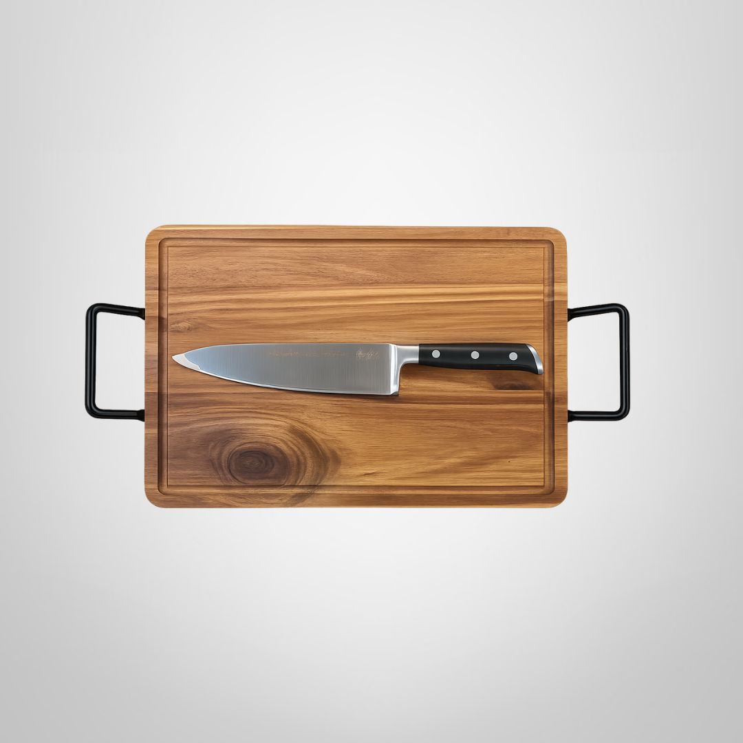 Set de Tabla de Madera c/Asas de Hierro + Cuchilla Profesional Chef 7" HUDSON