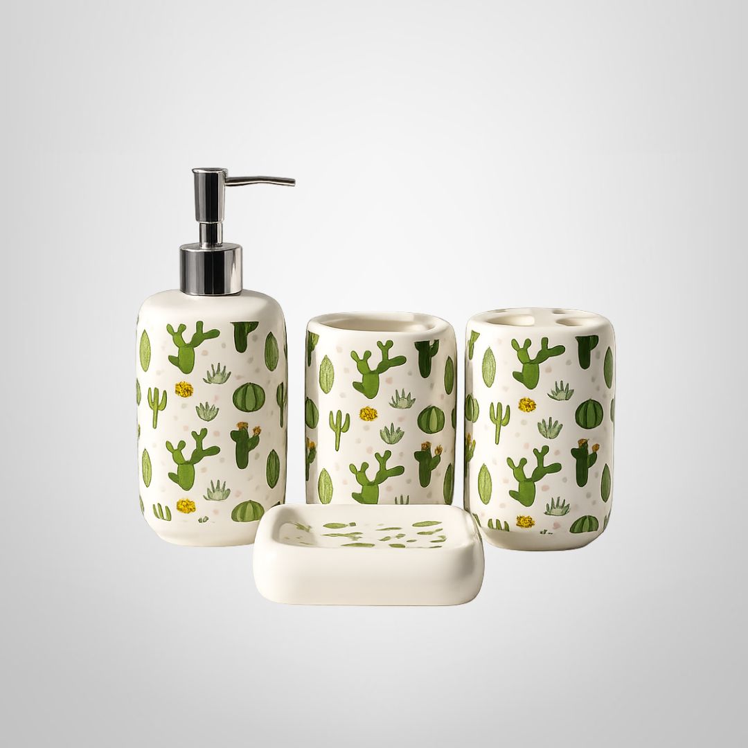 Juego de Baño de Cerámica 4 Piezas Cactus 2 Diseños
