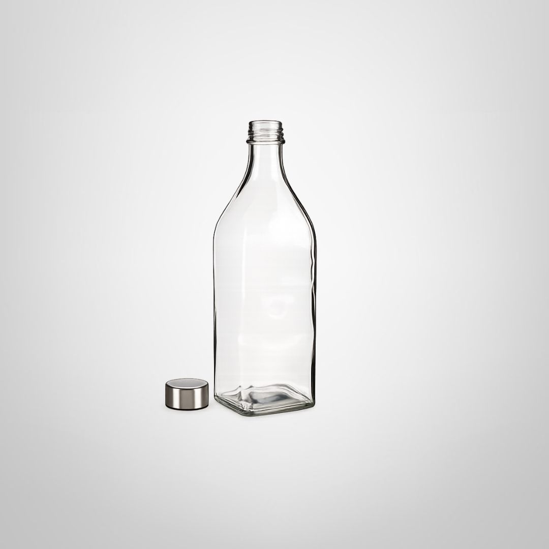 Botella de Cristal Cuadrada con Tapa Rosca de Acero 1 Litro