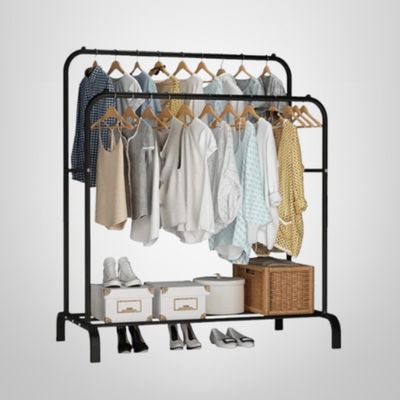 Mueble Perchero Doble c/Zapatera de Metal 110x134x55cm Negro