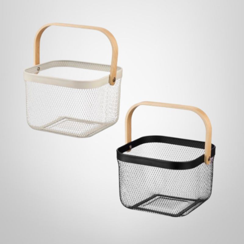 Cesta Cuadrada de Metal c/Asa de Madera 26x26x18cm KINVARA