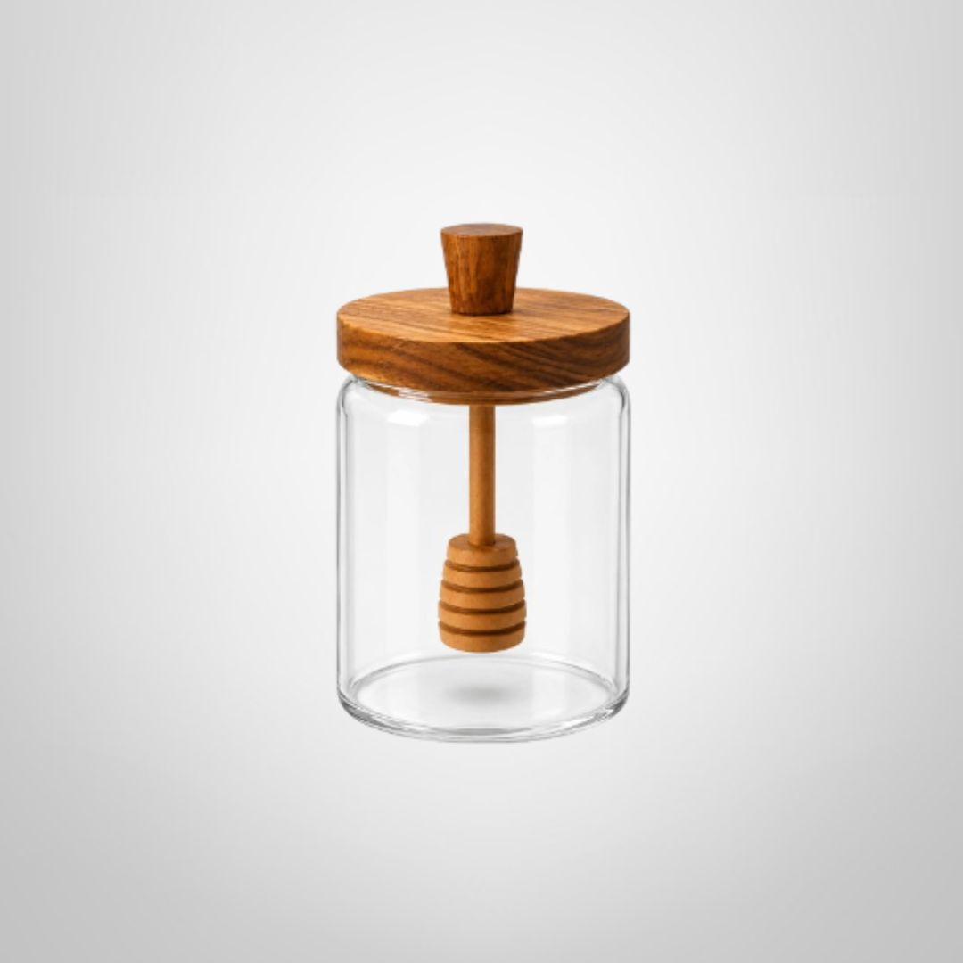 Mielera de Vidrio c/Tapa de Bambú 350ml 9x10cm
