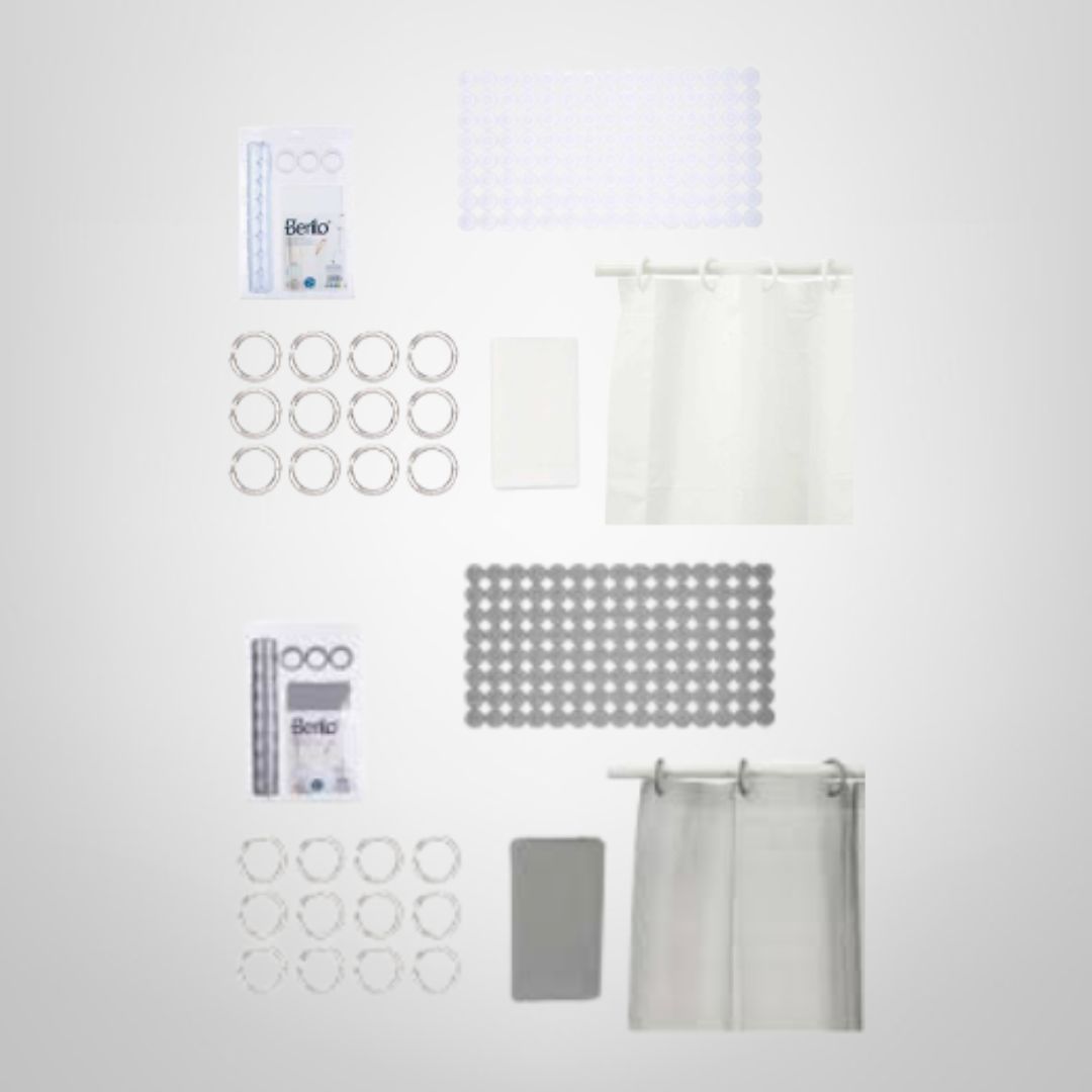 Set para Baño Cortina + Argollas + Alfombra Antideslizante BERILO