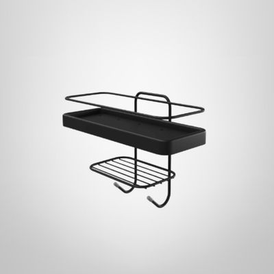 Porta Shampoo Adhesivo de Plástico y Metal c/Jabonera y Perchas Negro 25x10x20cm
