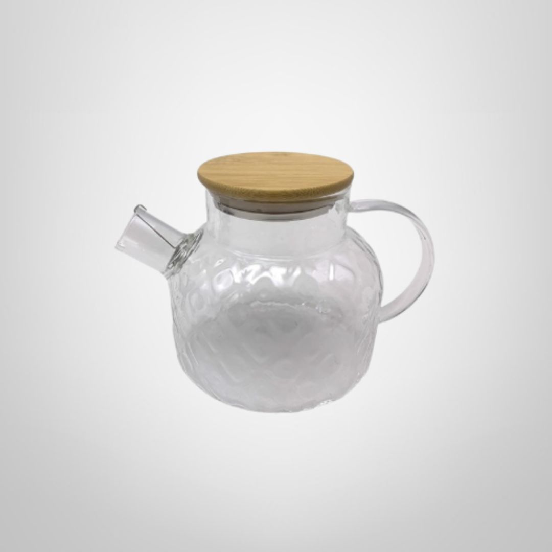 Tetera de Vidrio Labrado c/Tapa de Bambú y Colador 900ml