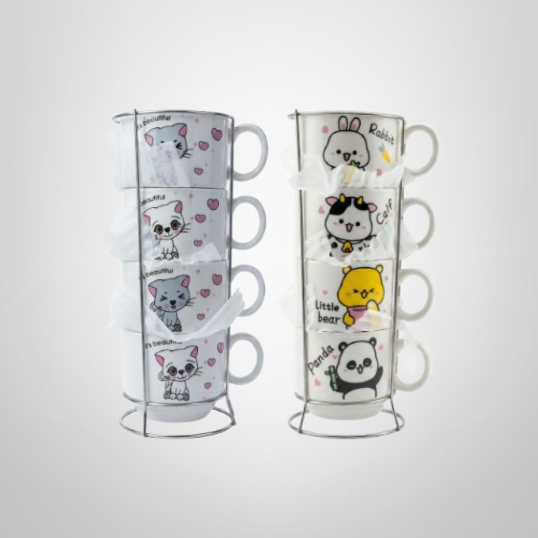 Tazas de Cerámica  Apilables x4  c/Soporte de Metal 2 Diseños