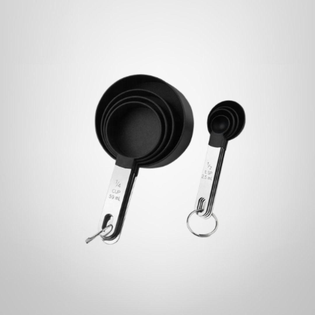 Set 4 Cucharas + 4 Tazas Medidoras de Acero y Plástico