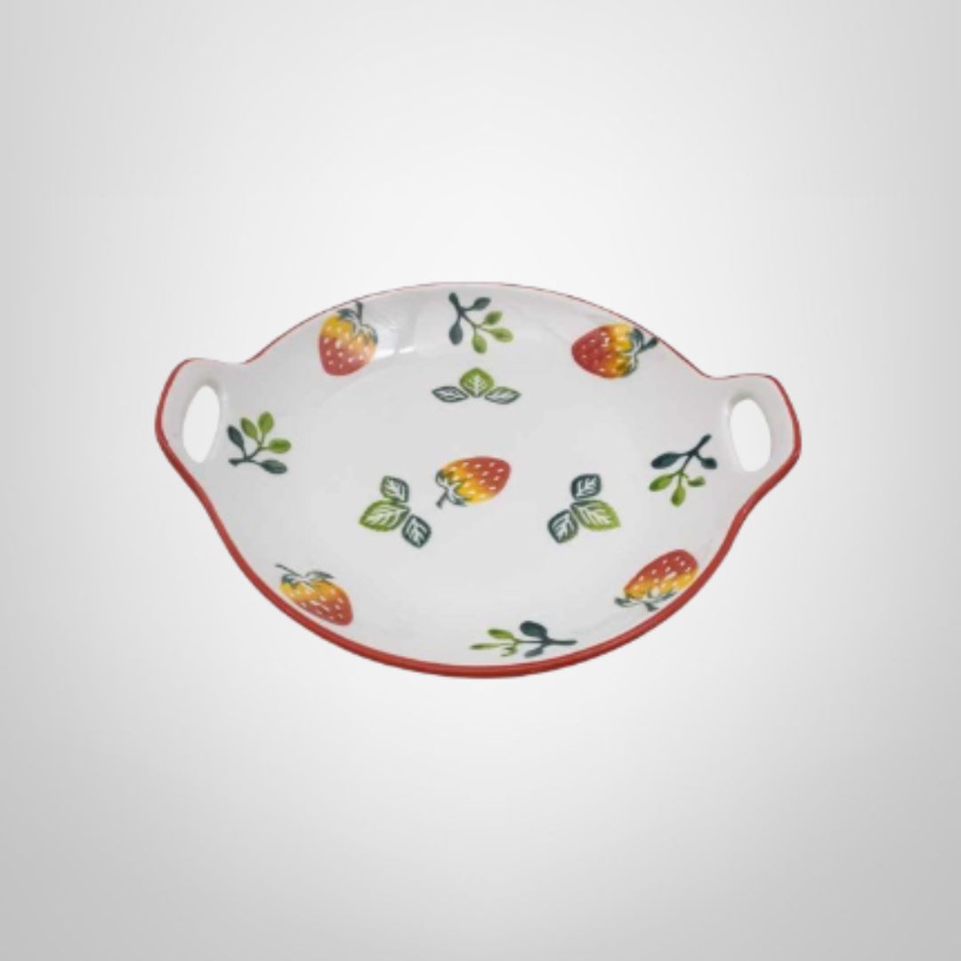 Bandeja Redonda de Cerámica c/Asas "Frutillas" 22,5x4,5cm