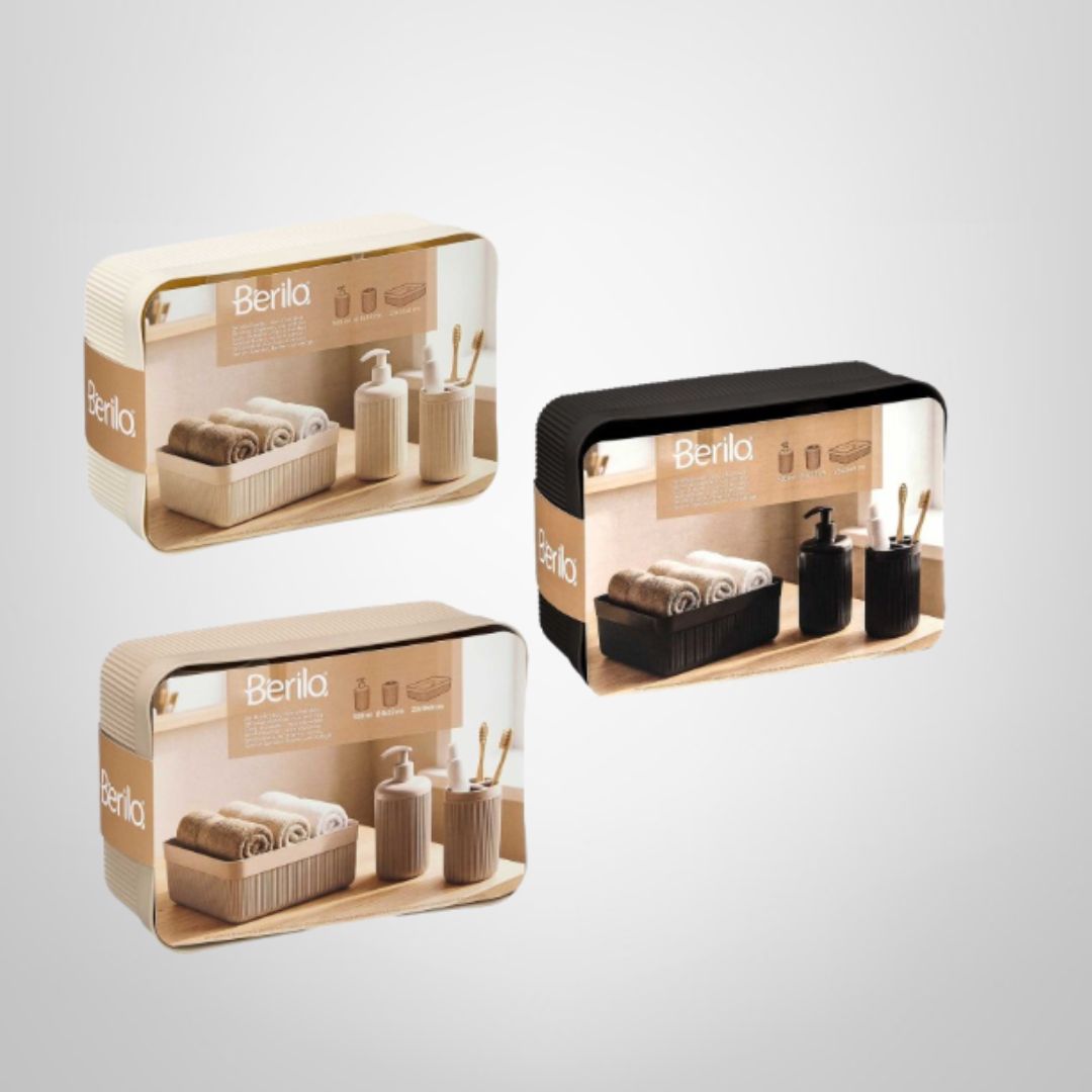 Set de Baño de Plástico 3 Piezas (Cesta + Porta Cepillos + Dispensador)