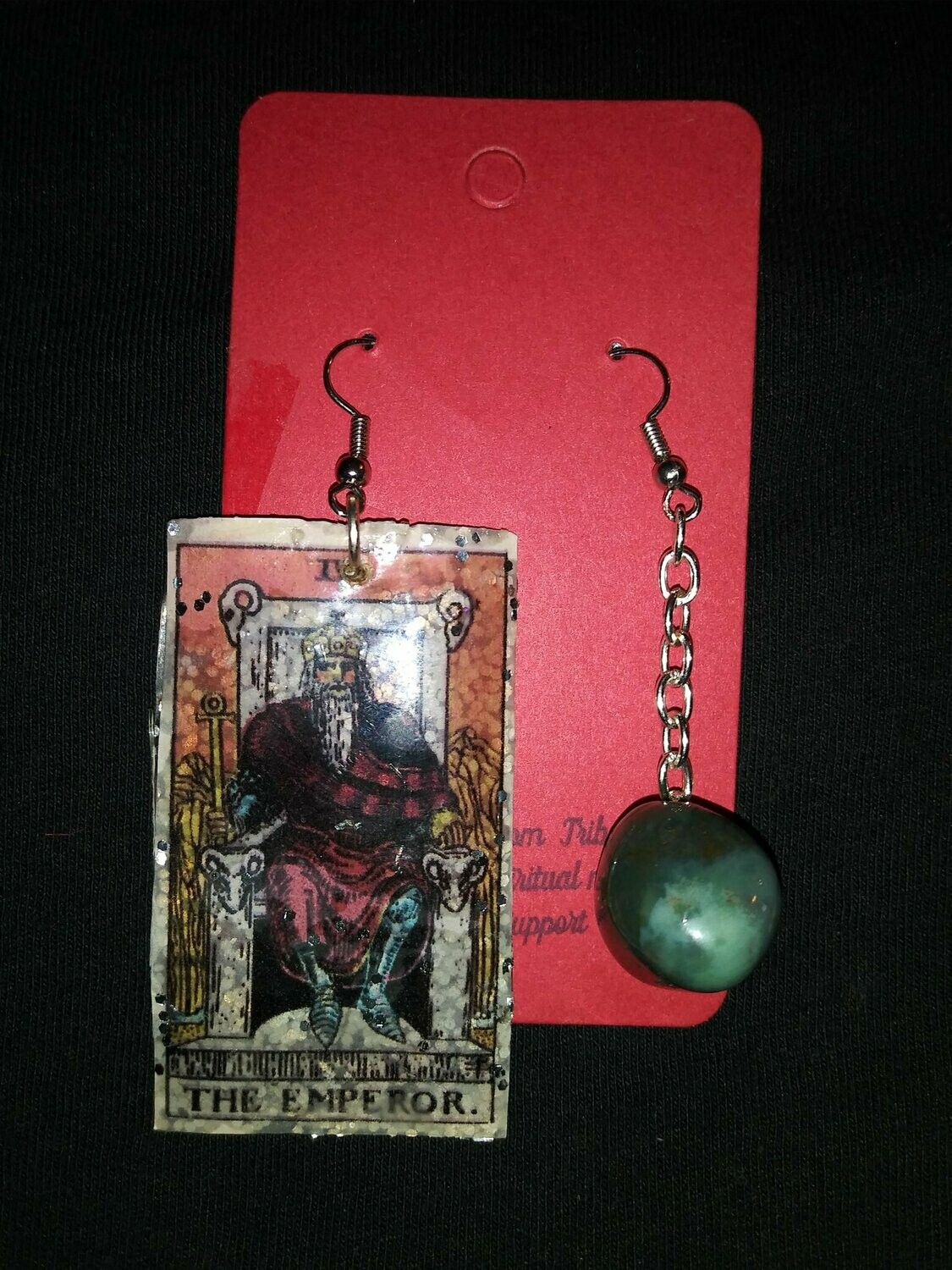 Emperor Tarot Card Earring with Moss Green Agate Stone