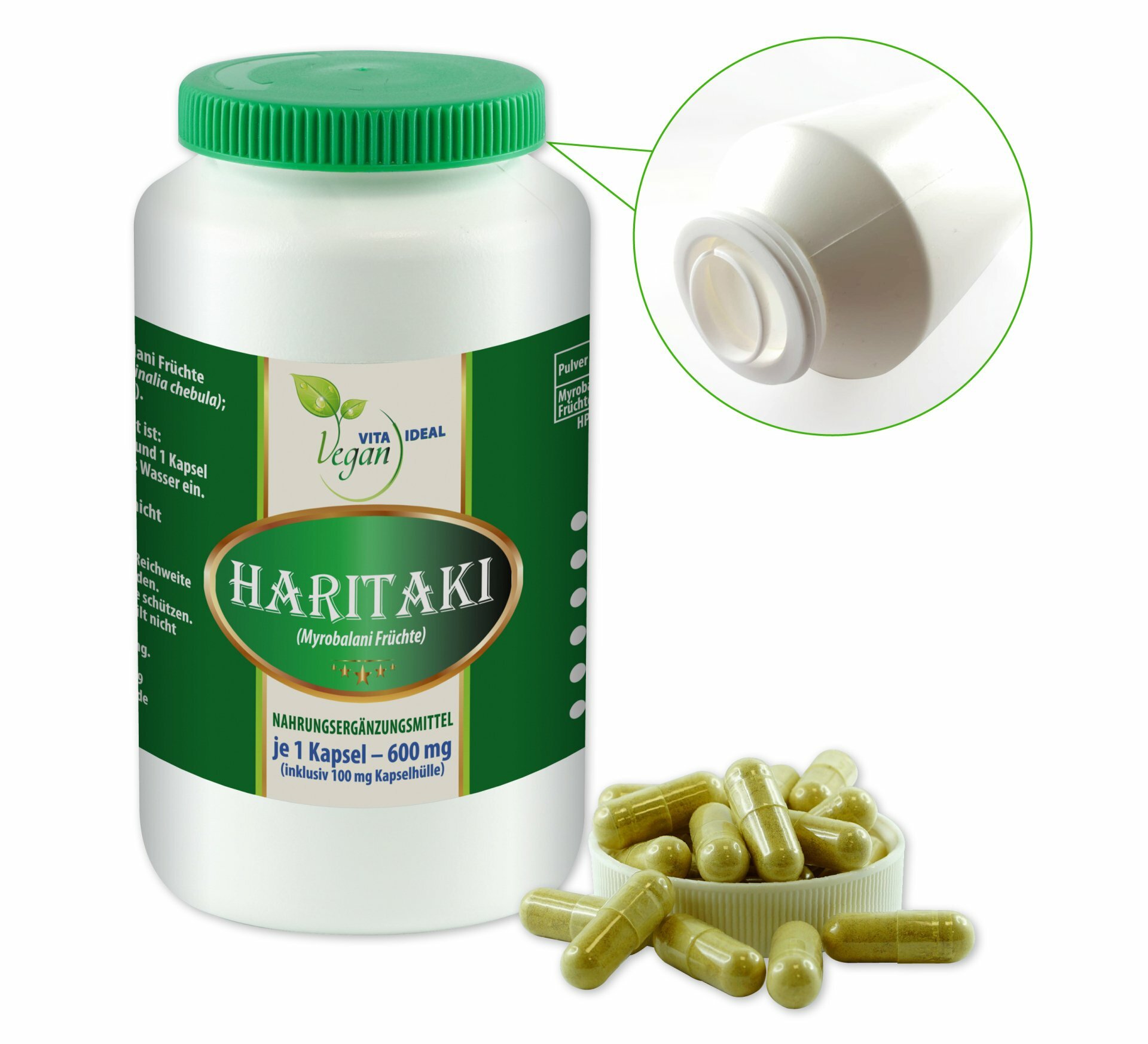 VITAIDEAL VEGAN® Haritaki Früchte Pulver (Terminalia chebula, Myrobalan, Myrobalane) pflanzliche Kapseln je 600mg, rein natürlich ohne Zusatzstoffe.