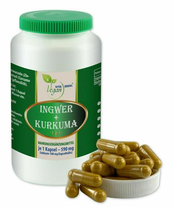 VITAIDEAL VEGAN® Ingwer + Kurkuma (Zingiber, Curcuma) vegane Kapseln.