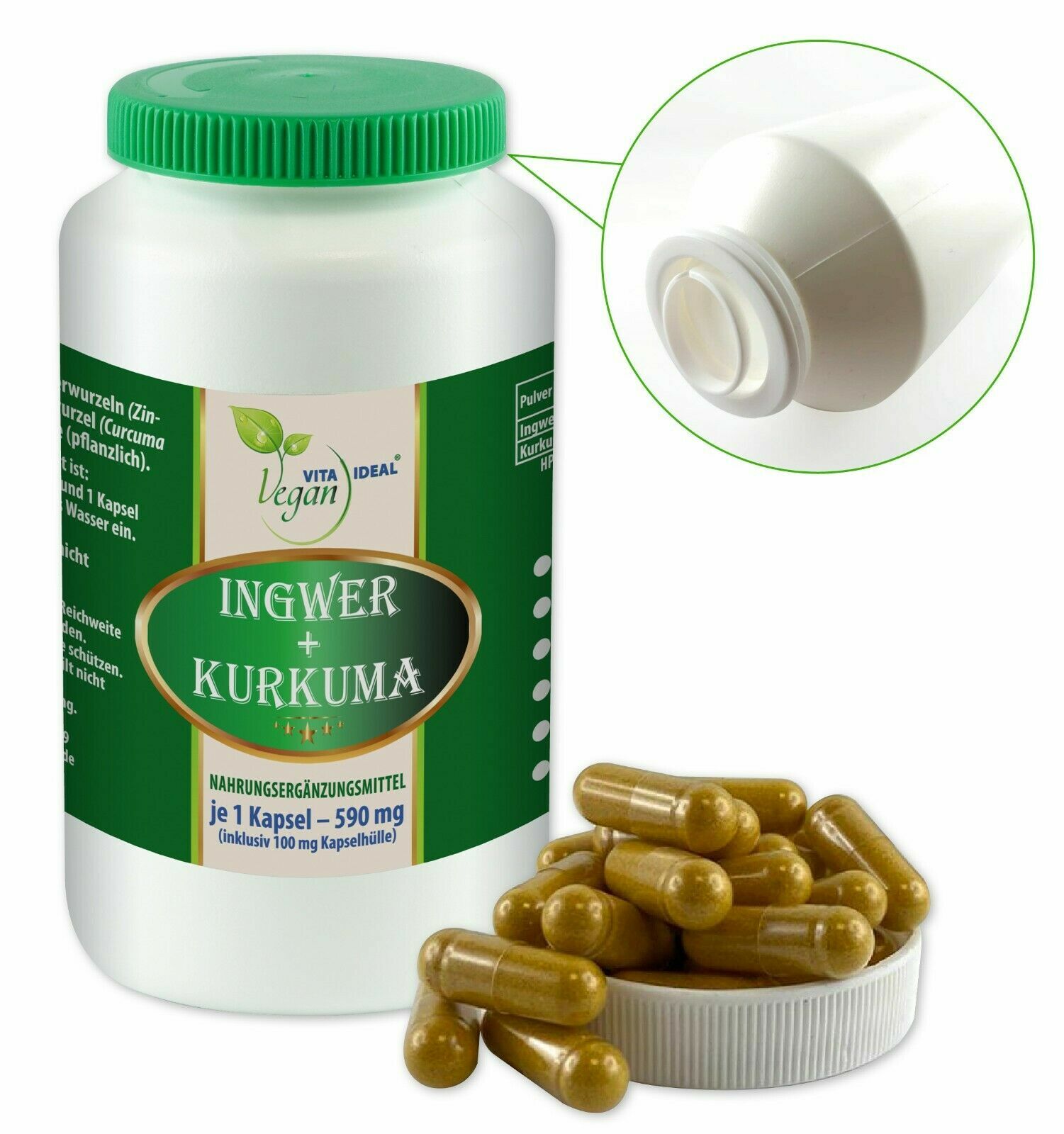VITAIDEAL VEGAN® Ingwer + Kurkuma (Zingiber, Curcuma) vegane Kapseln.