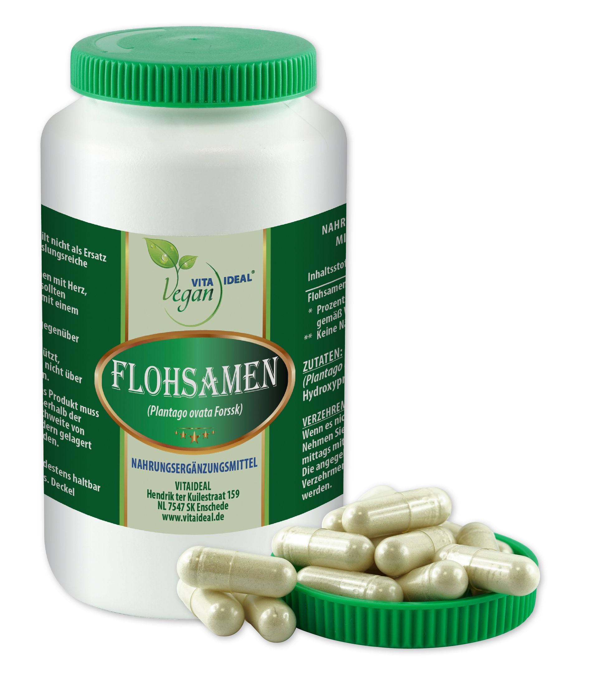 VITA IDEAL Vegan® Flohsamen - Schalen Kapseln - Plantago indica - Flohsamenschalen -