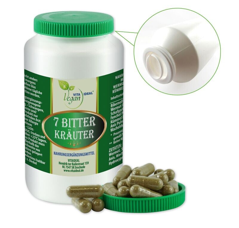 VITA IDEAL Vegan®
7 Bitter Kräuter Kapseln 
Pulver gemahlen von Bibernellwurzel, Wermut, Schafgarben, Fenchel, Kümmel, Anis & Wacholderbeeren
