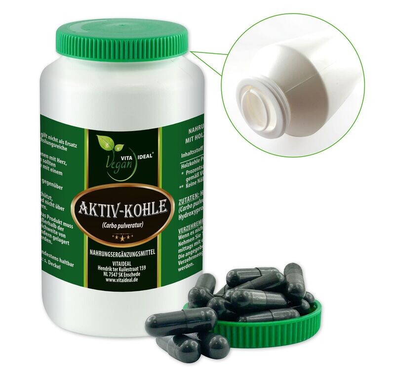 VITA IDEAL Vegan® Aktivkohle Kapseln - Carbon - Carbo medicinalis - Holzkohle - Aktiv Kohle -