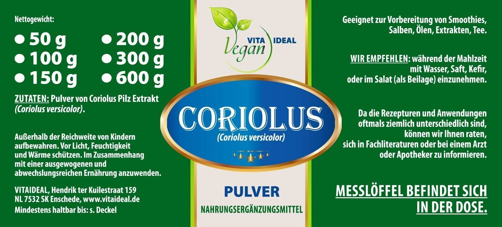 VITA IDEAL Vegan® Coriolus Extrakt Pulver - versicolor - Pilz -