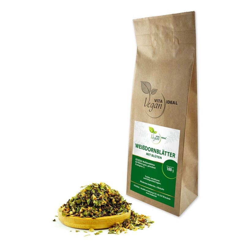 VITA IDEAL Vegan® Weißdorn Blätter mit Blüten geschnitten - Cratageus L. - Weissdornblätter - Weissdornblüten -