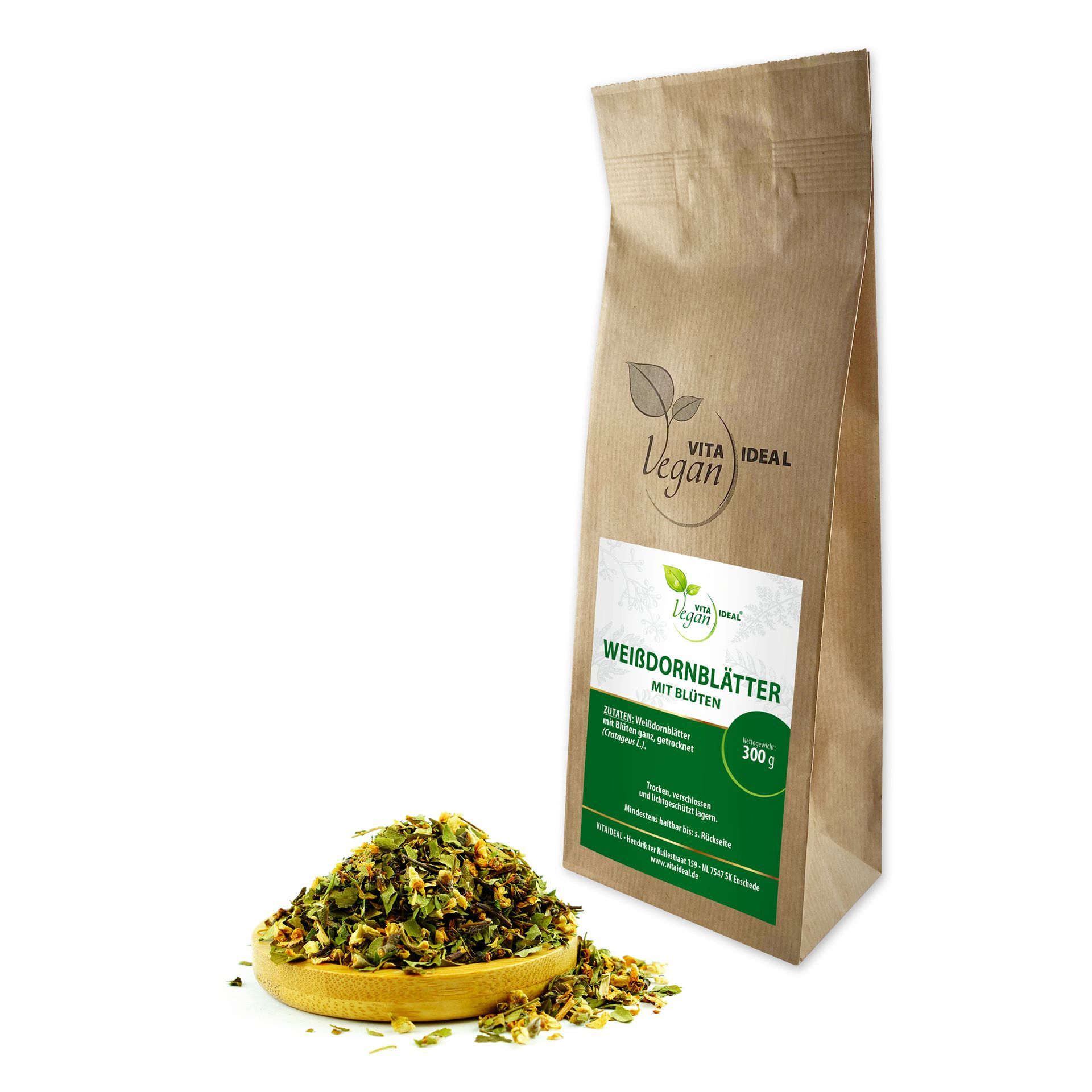 VITA IDEAL Vegan® Weißdorn Blätter mit Blüten geschnitten - Cratageus L. - Weissdornblätter - Weissdornblüten -