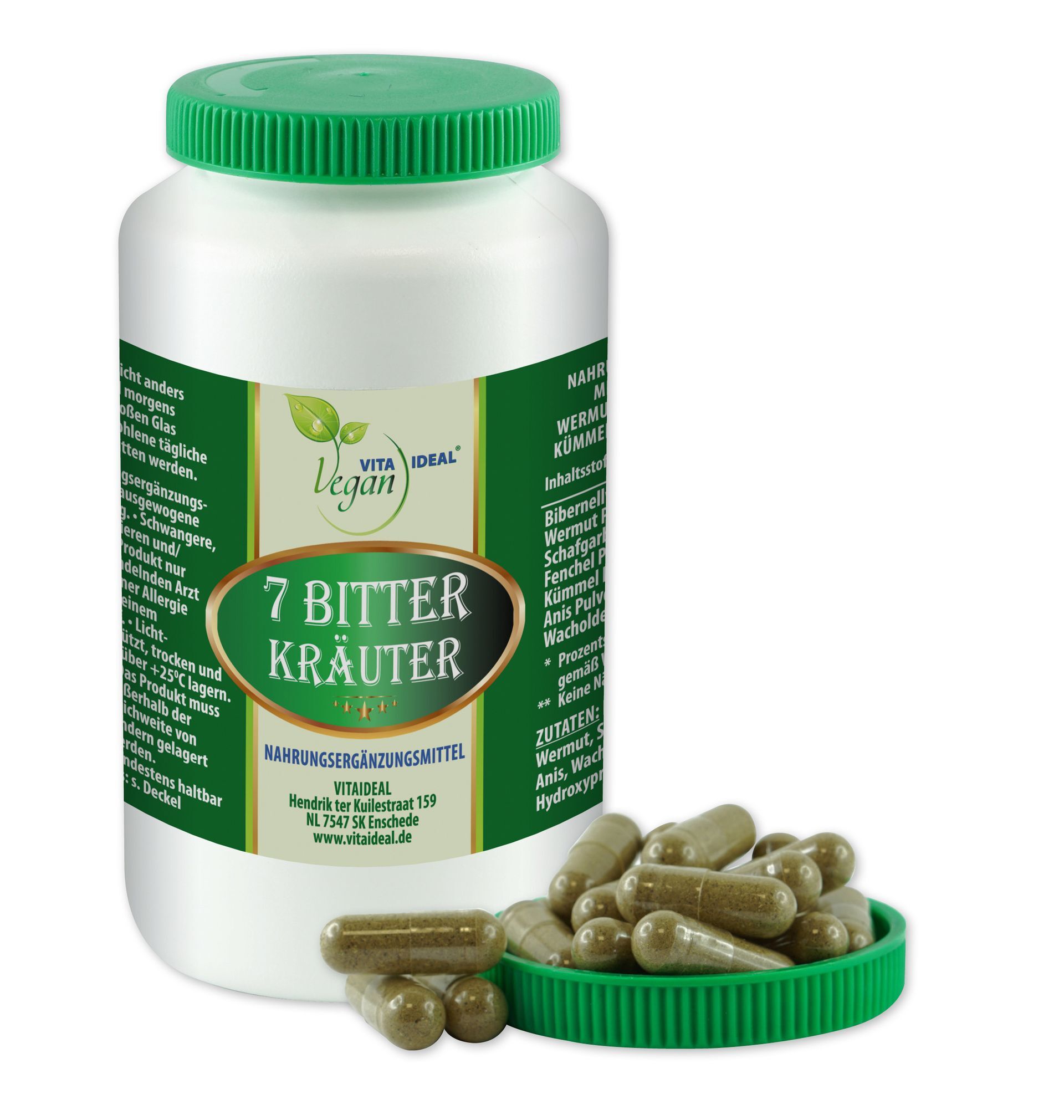 VITA IDEAL Vegan® 7 Bitter Kräuter Kapseln Pulver gemahlen von Bibernellwurzel, Wermut, Schafgarben, Fenchel, Kümmel, Anis & Wacholderbeeren