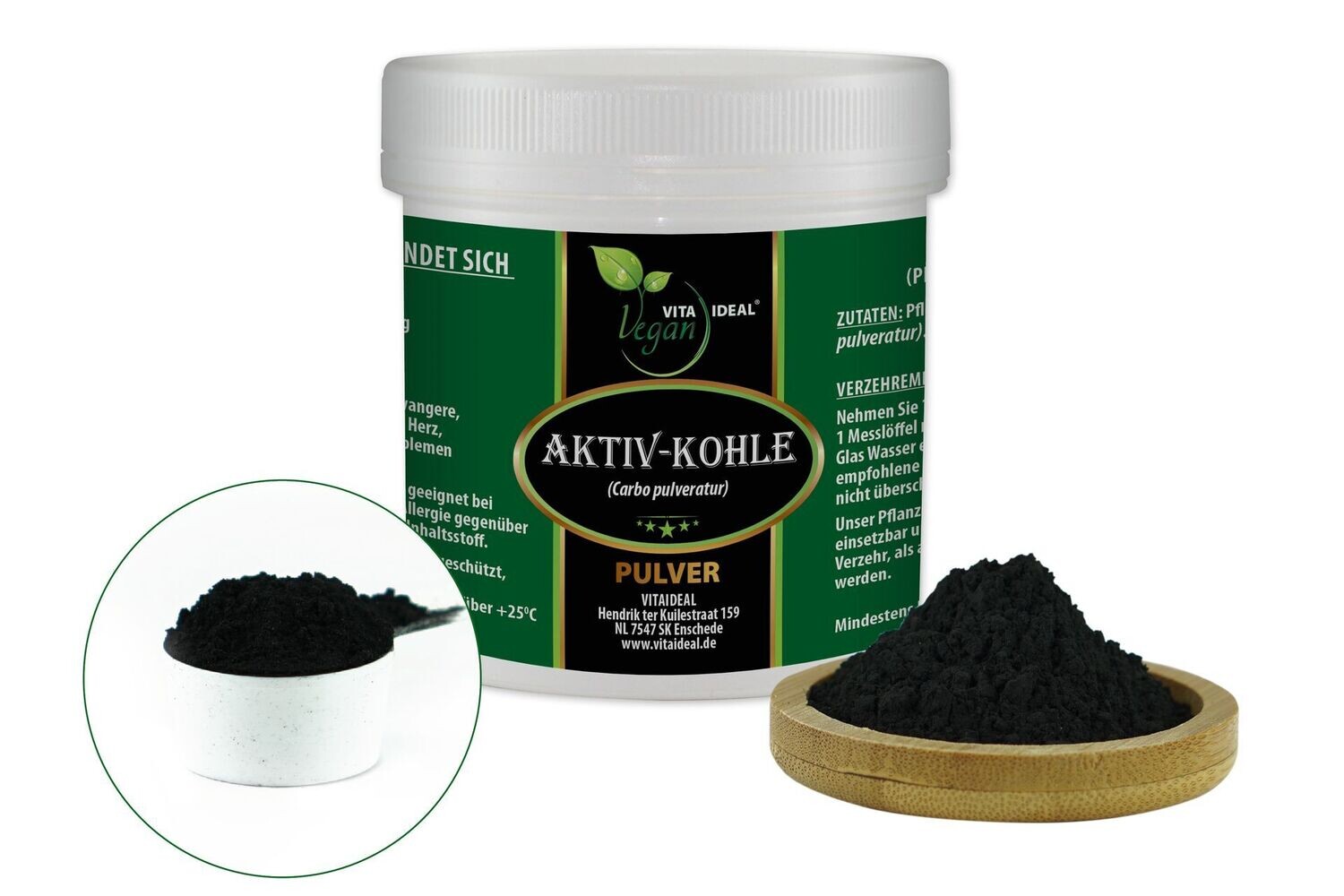 VITA IDEAL Vegan® AKTIV - Kohle PULVER Pflanzenkohle Carbo pulveratur AKTIVKOHLE, Menge: 100g
