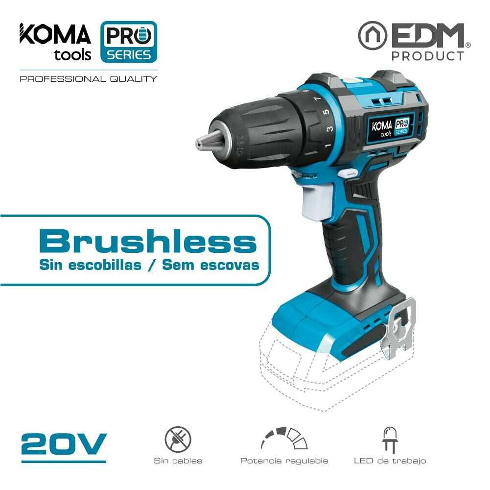 TALADRO ATORNILLADOR 20V BRUSHLESS (SIN BATERIA Y CARGADOR) PORTABROCAS Ø10MM KOMA TOOLS PRO SERIES BATTERY EDM