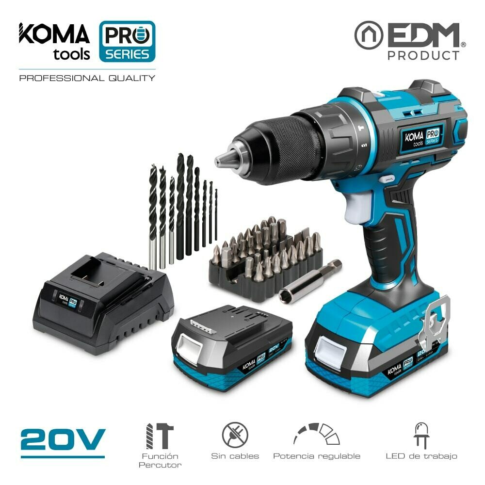 KIT TALADRO PERCUTOR/ATORNILLADOR 20V CON 2 BATERIAS 2.0 AH Y CARGADOR KOMA TOOLS PRO SERIES BATTERY EDM