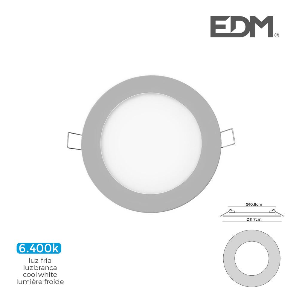 MINI DOWNLIGHT LED EDM 6W 320 LUMEN REDONDO 12CM 6.400K MARCO CROMO.UNIDADES POR CAJA 6