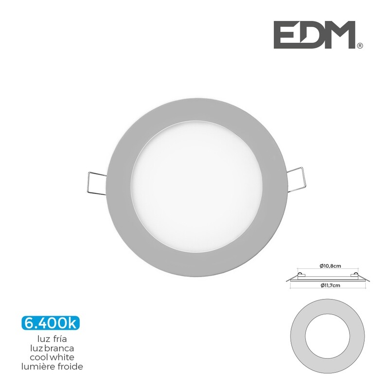 MINI DOWNLIGHT LED EDM 6W 320 LUMEN REDONDO 12CM 6.400K MARCO CROMO.UNIDADES POR CAJA 6