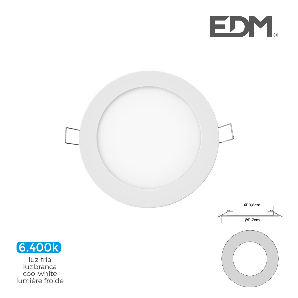 MINI DOWNLIGHT LED EDM 6W 320 LUMENS REDONDO 12CM 6.400K MARCO BLANCO.UNIDADES POR CAJA 6