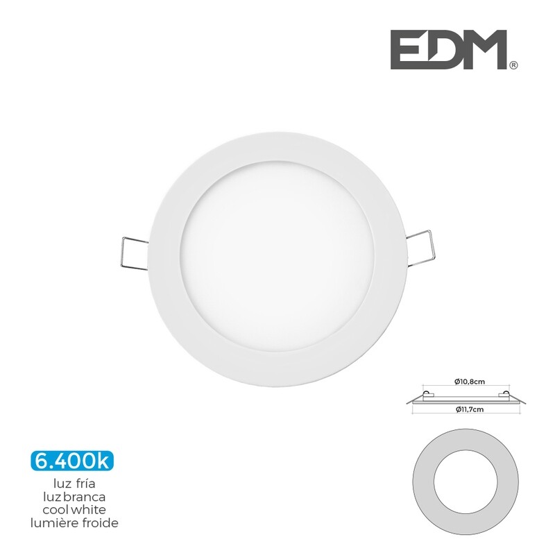 MINI DOWNLIGHT LED EDM 6W 320 LUMENS REDONDO 12CM 6.400K MARCO BLANCO.UNIDADES POR CAJA 6
