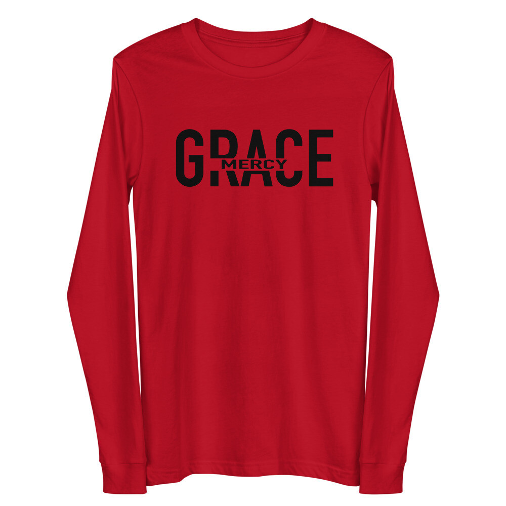GRACE AND MERCY LONG SLEEVE (BLK FONT) UNISEX, Color: Red, Size: XS
