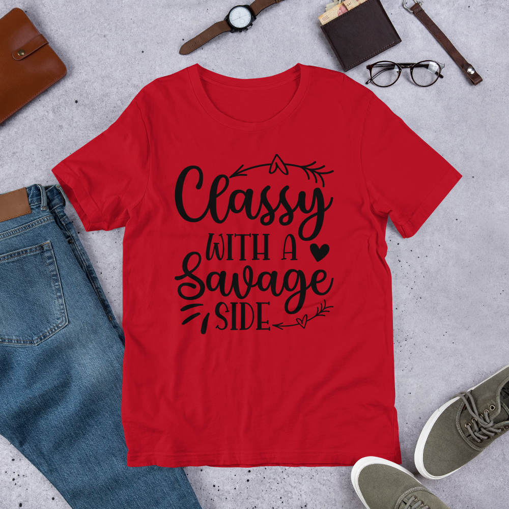 CLASSY WITH A SAVAGE SIDE SHORT-SLEEVE UNISEX T-SHIRT , Color: Red, Size: S