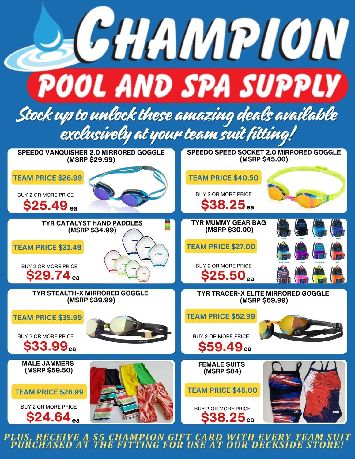 EXCLUSIVE DEALS ON SWIM GEAR AVAILABLE AT YOUR TEAM SUIT FITTING ON 4/23/25 FROM 4:30-6:30 PM!