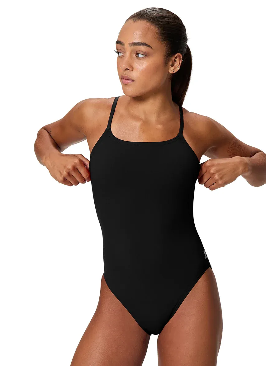 CAT1880024 SPEEDO STRAPPY ENDURANCE+ MAX SOLID W/ EMB 8A000341 FM 18-42 BLACK 002 (INC SHIPPING)