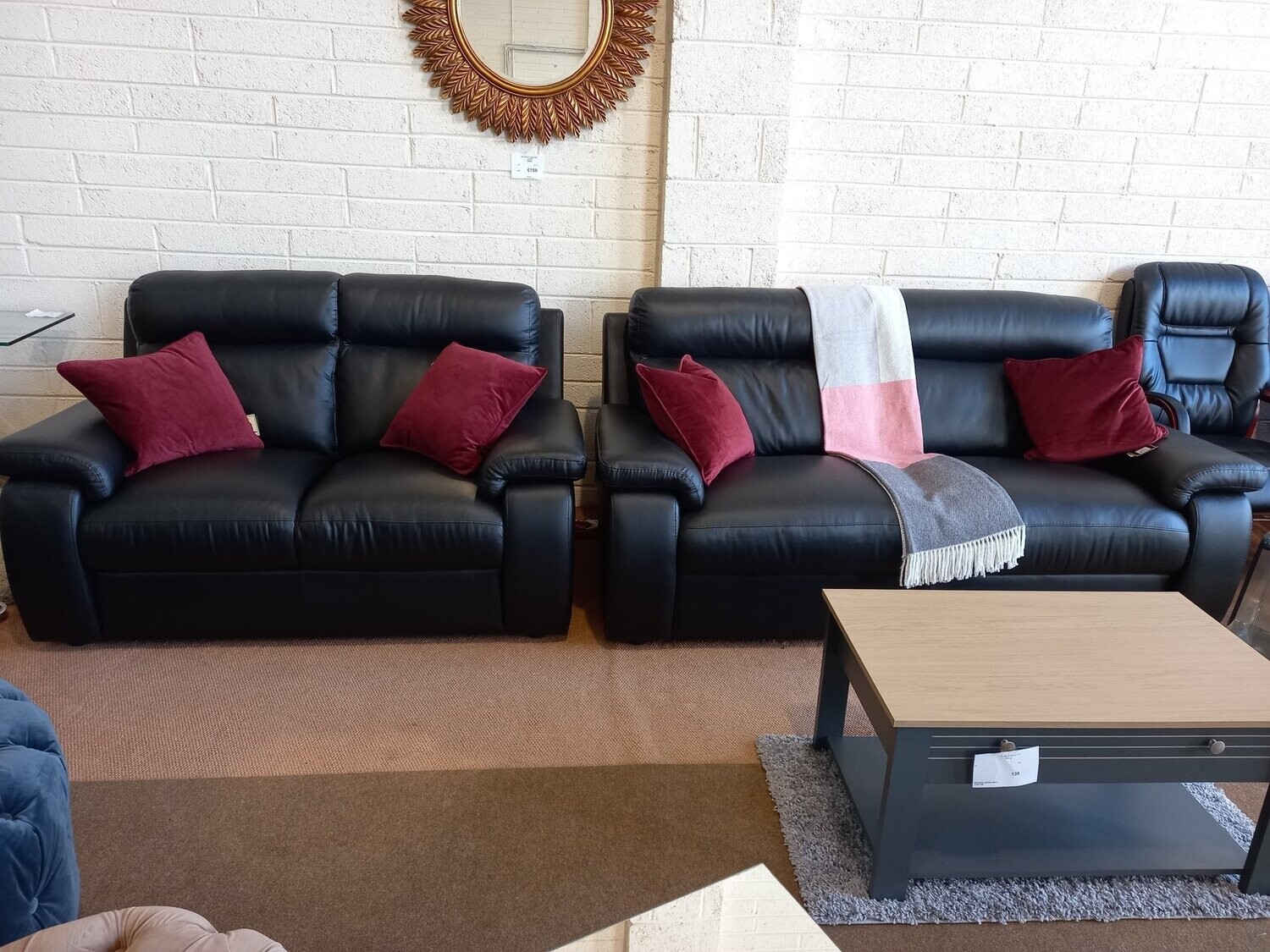 3 + 2 Harry Full Leather Italian Couches. Colour: Black.50% OFF Was 2,800 Now €1,299. FLOOR MODEL.
