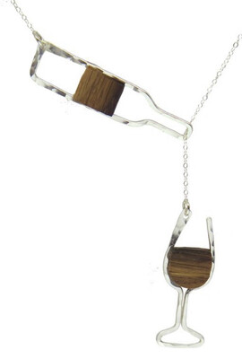 RECLAIMED OAK WINE BARREL STAVE WINE GLASS AND BOTTLE LARIAT NECKLACE