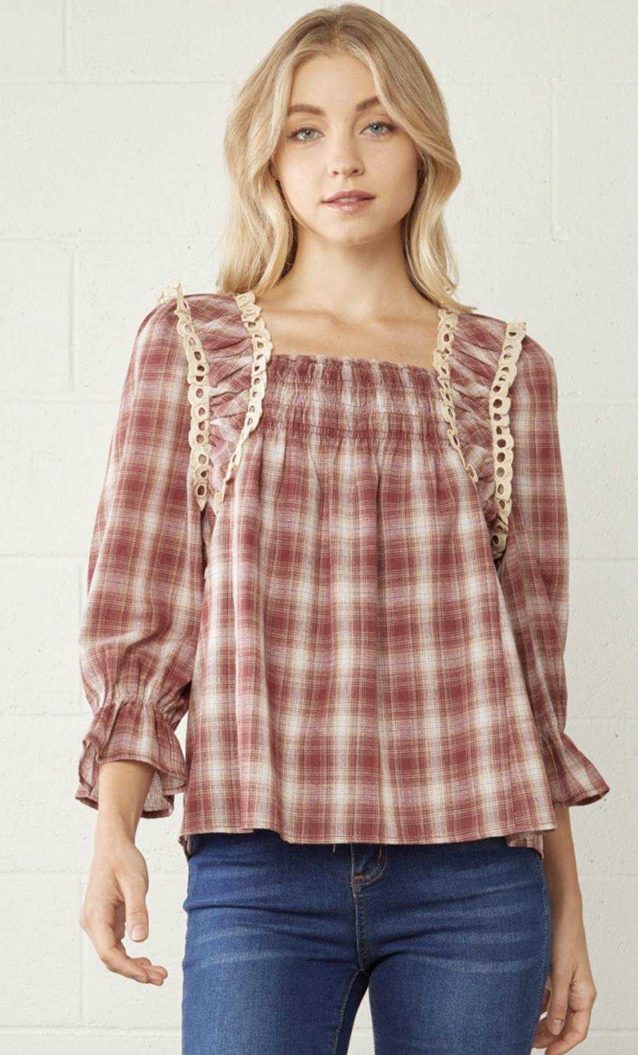 ENTRO Red Plaid Lace Blouse