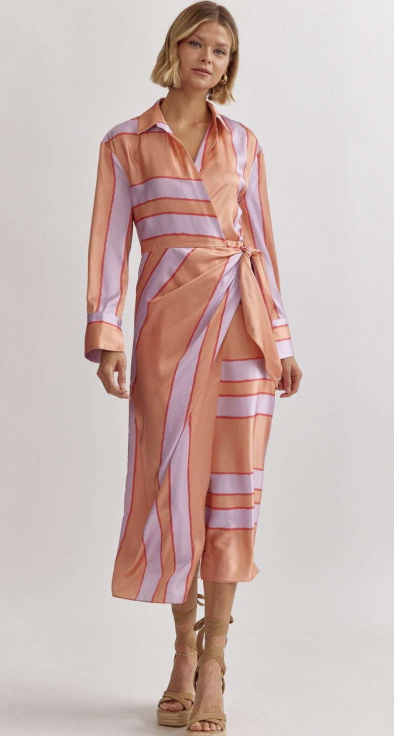 ENTRO Peach Striped Wrap Dress