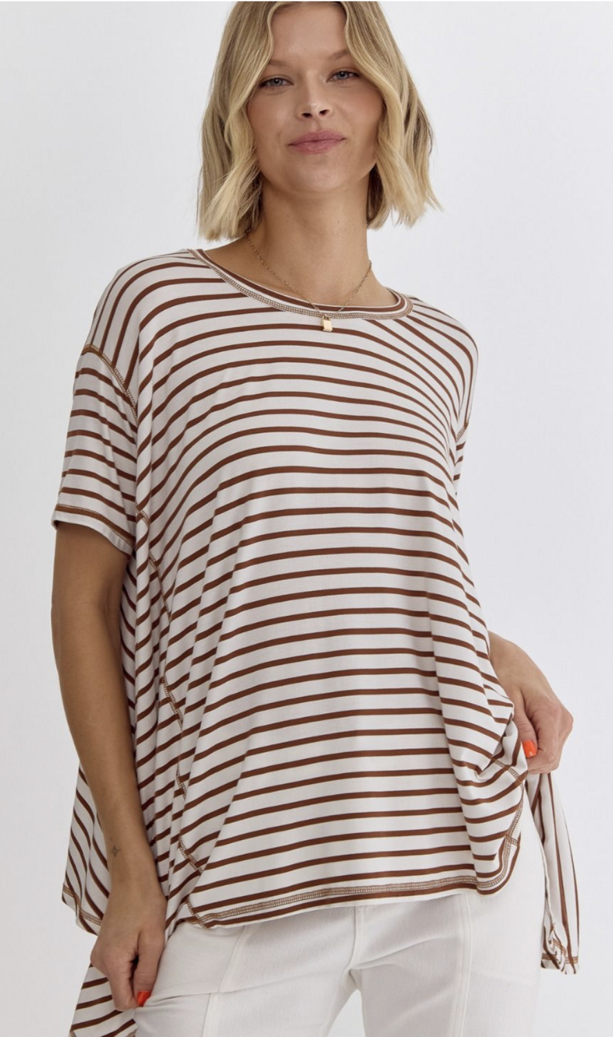 ENTRO Coffee Oversized Striped Top