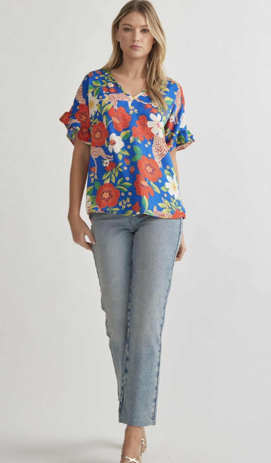 ENTRO Blue Tropical Print Blouse