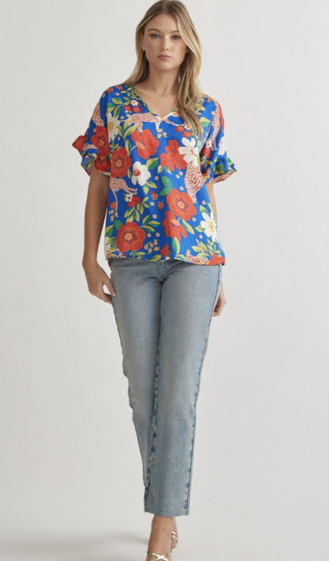 ENTRO Blue Tropical Print Blouse
