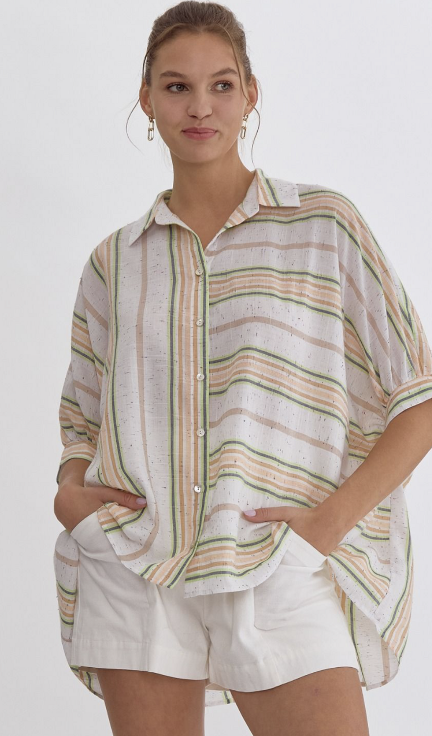 ENTRO White Multi Striped Linen Blouse