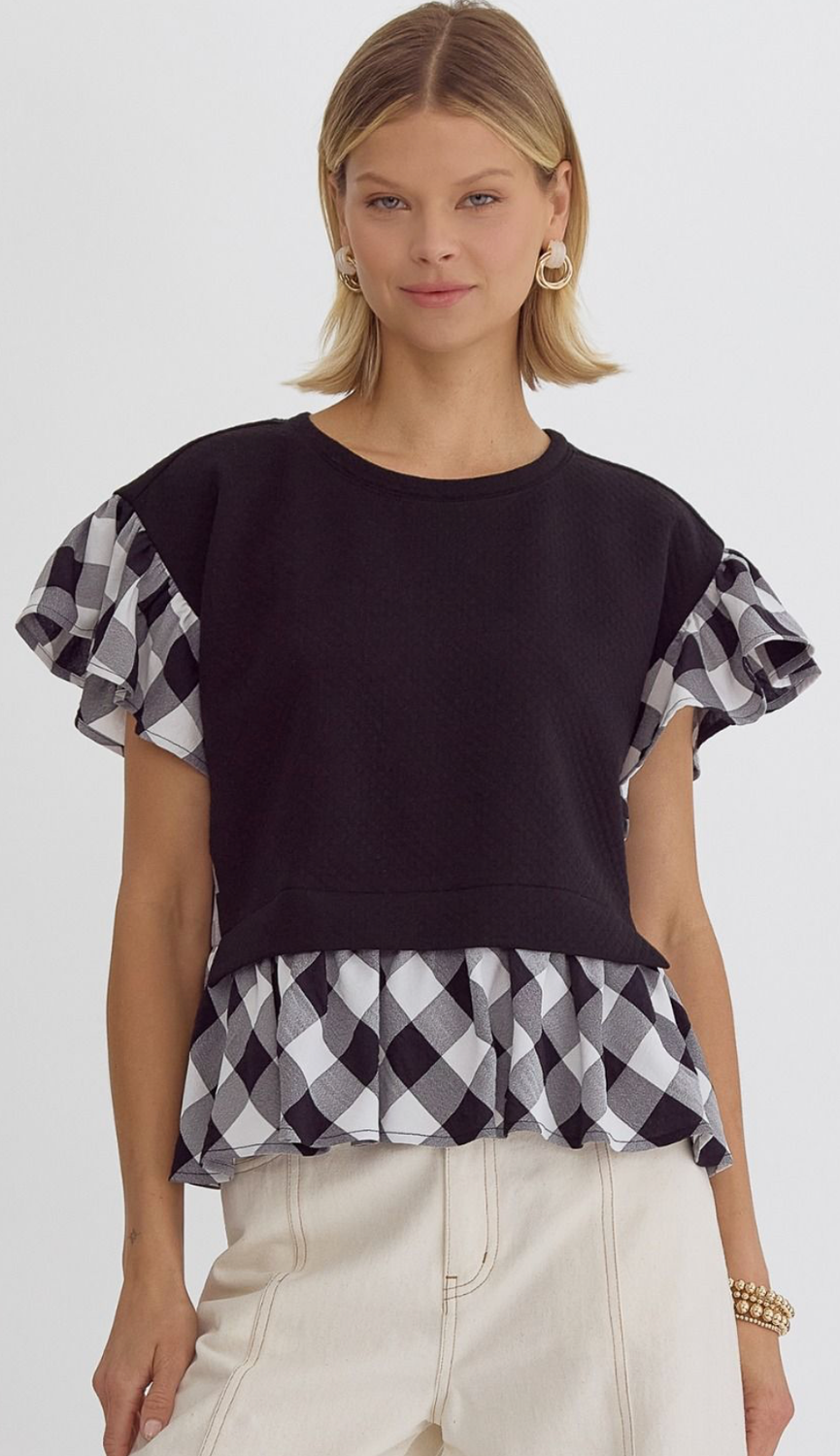 ENTRO Black Plaid Blouse