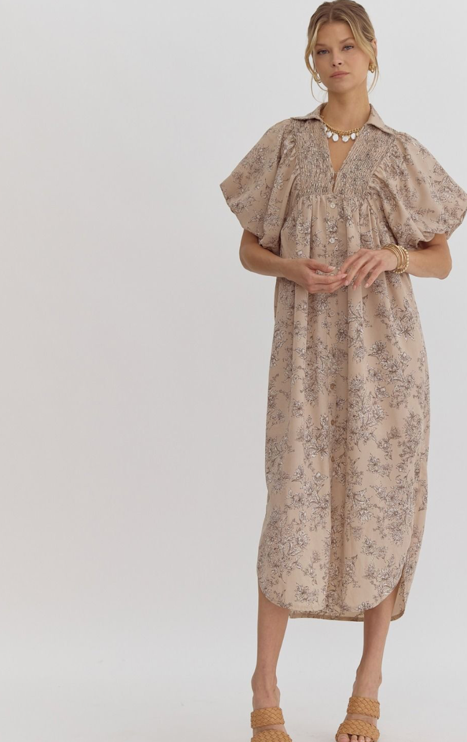 ENTRO Mocha Floral Ruched Maxi